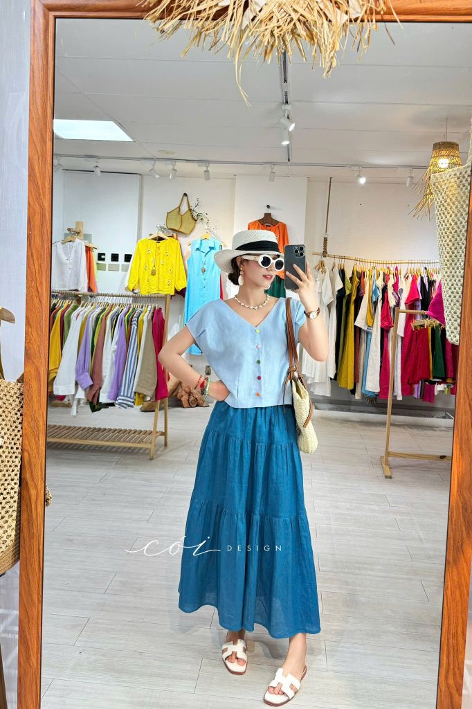 Áo tay xếp lưng đan dây chéo Linen Tưng Cói Design