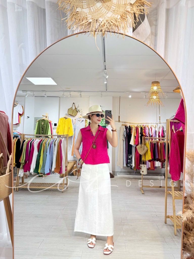 Áo sát nách cổ V nút bọc màu Linen Tưng Cói Design