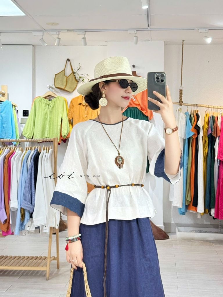 Áo cổ tròn viền tay cổ khác màu linen tưng premium Cói design