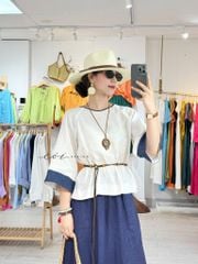 Áo cổ tròn viền tay cổ khác màu linen tưng premium Cói design