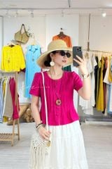 Áo cổ tròn xếp ly nút bọc Linen Tưng Cói Design