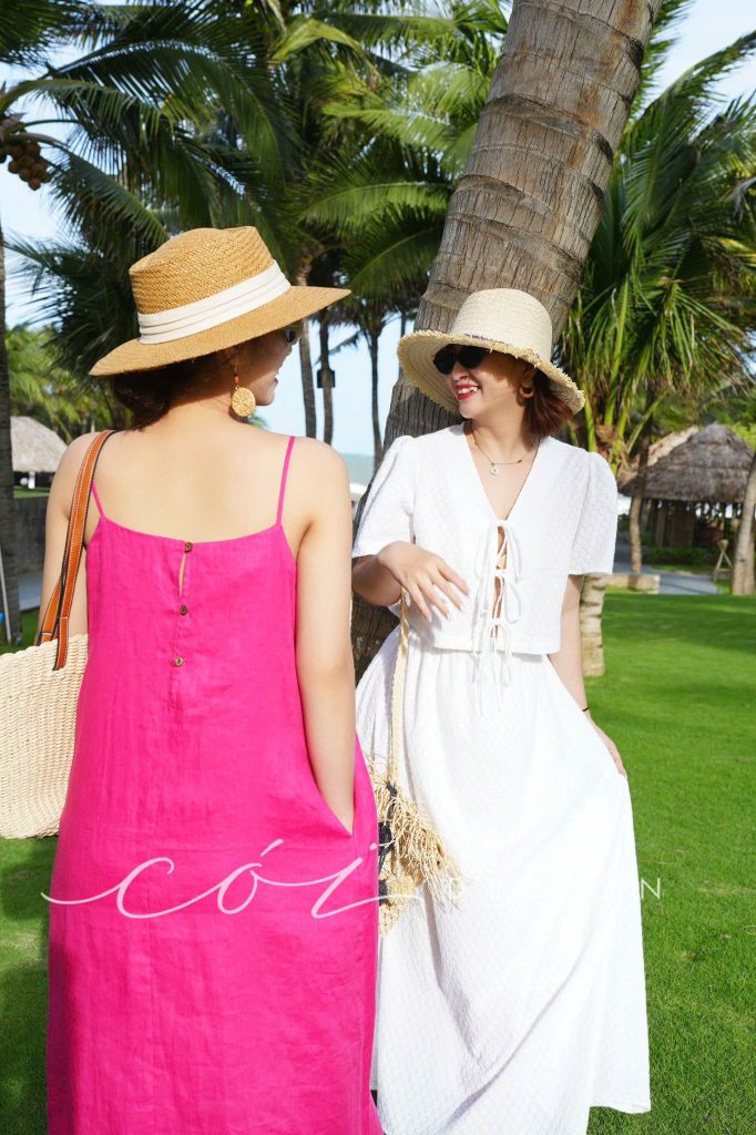 Đầm 2 dây nút dừa Linen tưng premium Cói Design