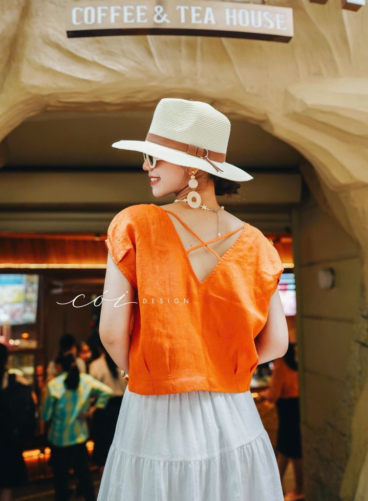 Áo tay xếp lưng đan dây chéo linen tưng premium Cói Design