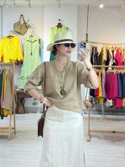 Áo cổ V tay dài nút bọc linen tưng premium Cói Design