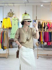 Áo cổ V tay dài nút bọc linen tưng premium Cói Design