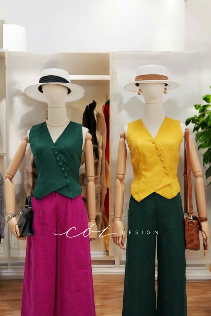Áo gile nút bọc Linen tưng premium Cói Design