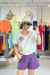 Áo Thêu cổ tròn nút bọc đóa hoa linen tưng premium Cói Design