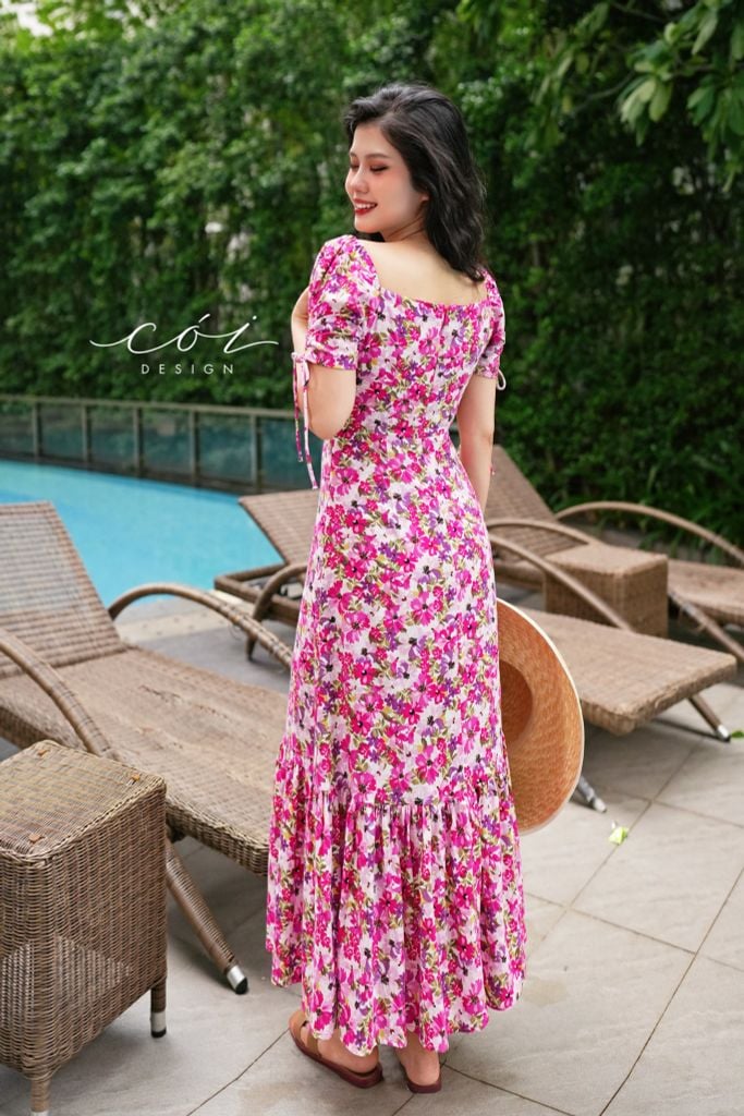 Đầm nhún ngực xẻ tà linen hàn Cói Design