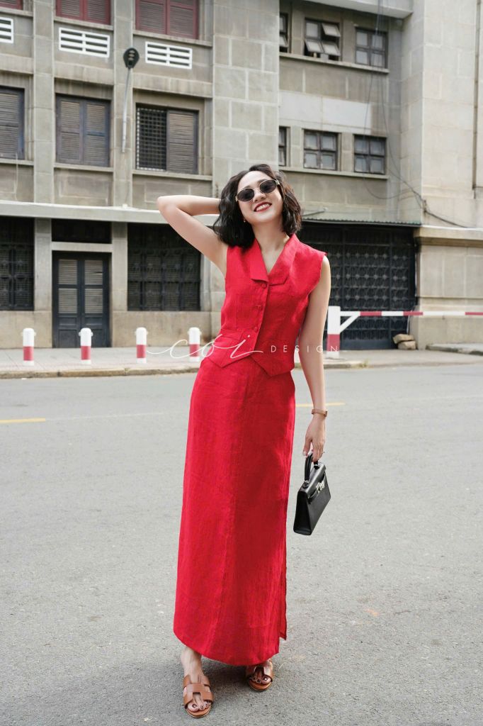Áo gile cổ cánh én Linen tưng premium Cói Design