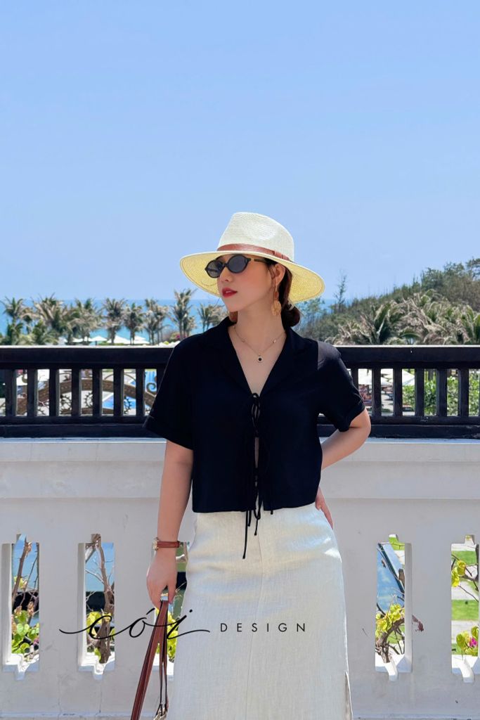 Áo danton thắt nơ linen tưng premium Cói Design