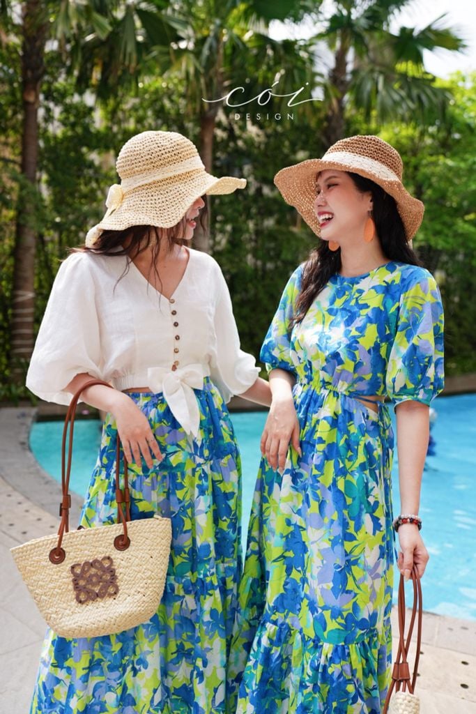 Đầm khoét eo tay phồng cotton hàn Cói Design