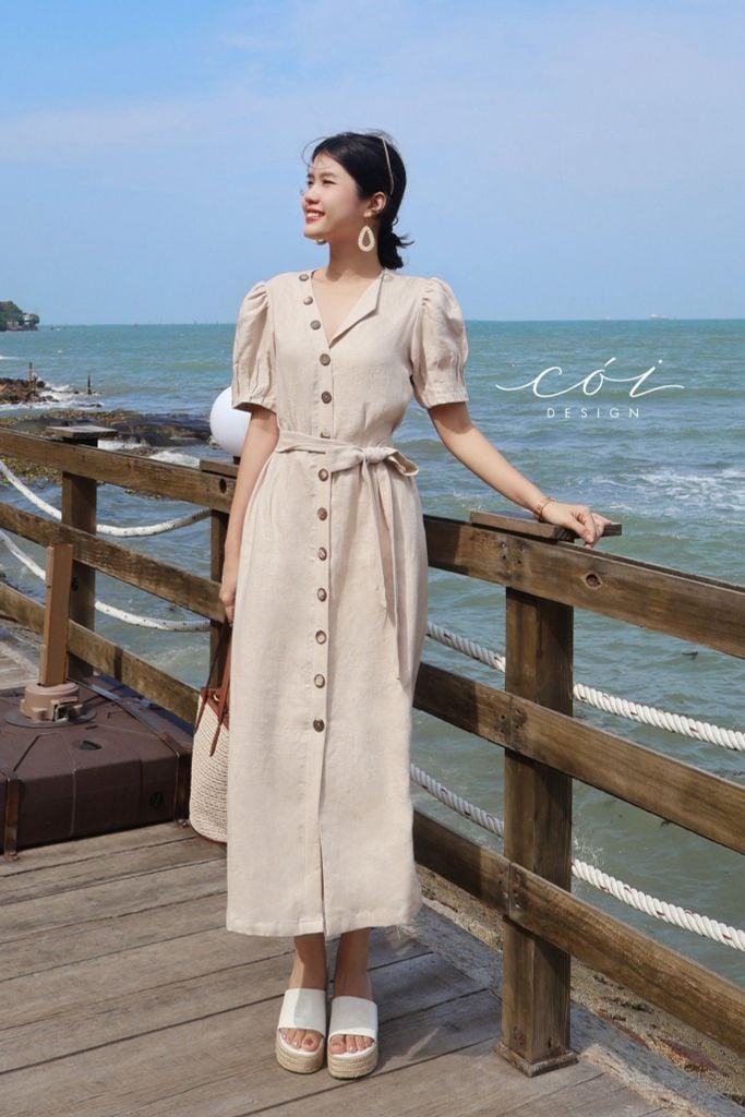 Đầm suông tay xếp nhún kèm belt Linen tưng premium Cói Design
