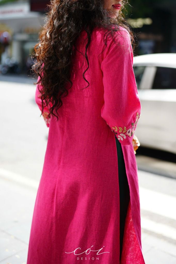 Áo dài thêu tay Song Hoa Linen tưng premium Cói Design