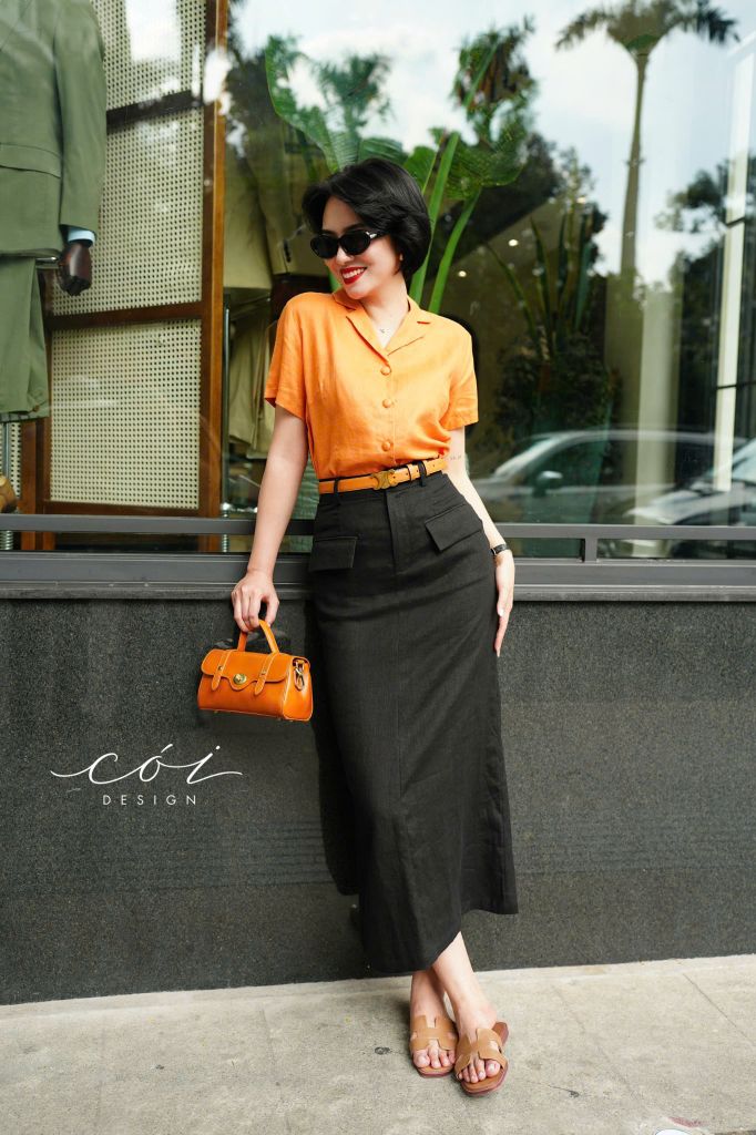 Chân váy 2 nắp túi linen tưng Cói Design