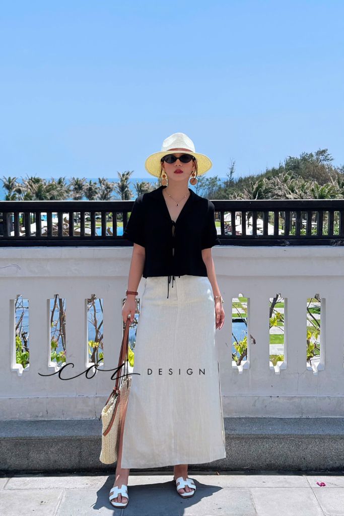 Áo danton thắt nơ linen tưng premium Cói Design