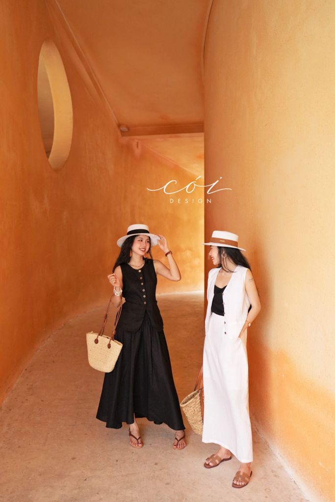 Áo gile vạt tròn 2 túi linen tưng premium Cói Design