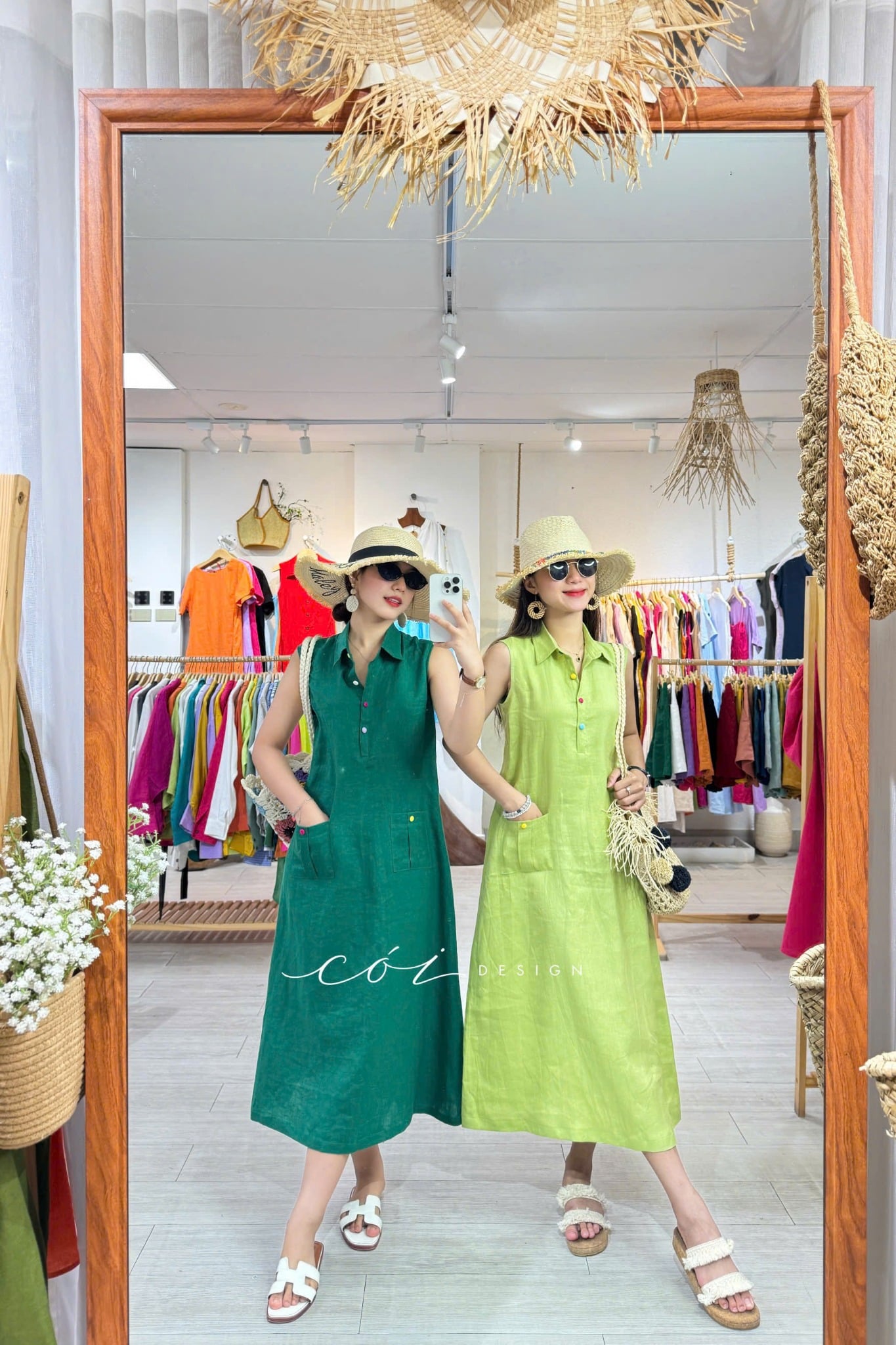 Đầm sát nách nút bọc màu 2 túi linen tưng premium Cói Design