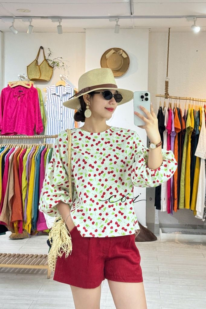 Áo tay phồng nút lưng linen hàn Cói Design