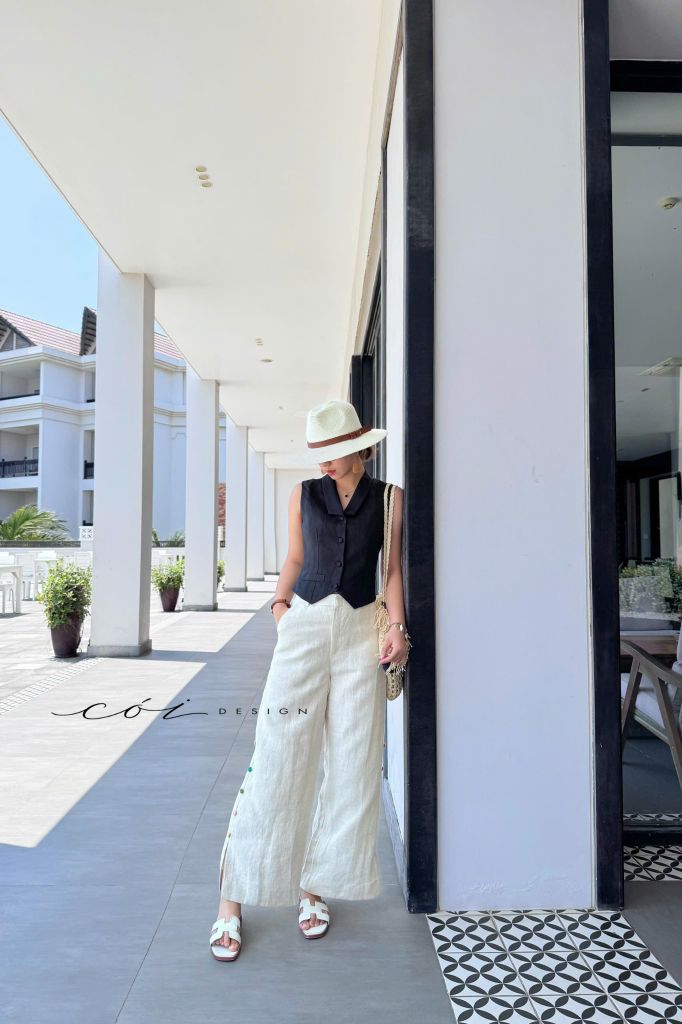 Áo gile cổ cánh én Linen tưng premium Cói Design