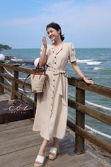 Đầm suông tay xếp nhún kèm belt Linen tưng premium Cói Design
