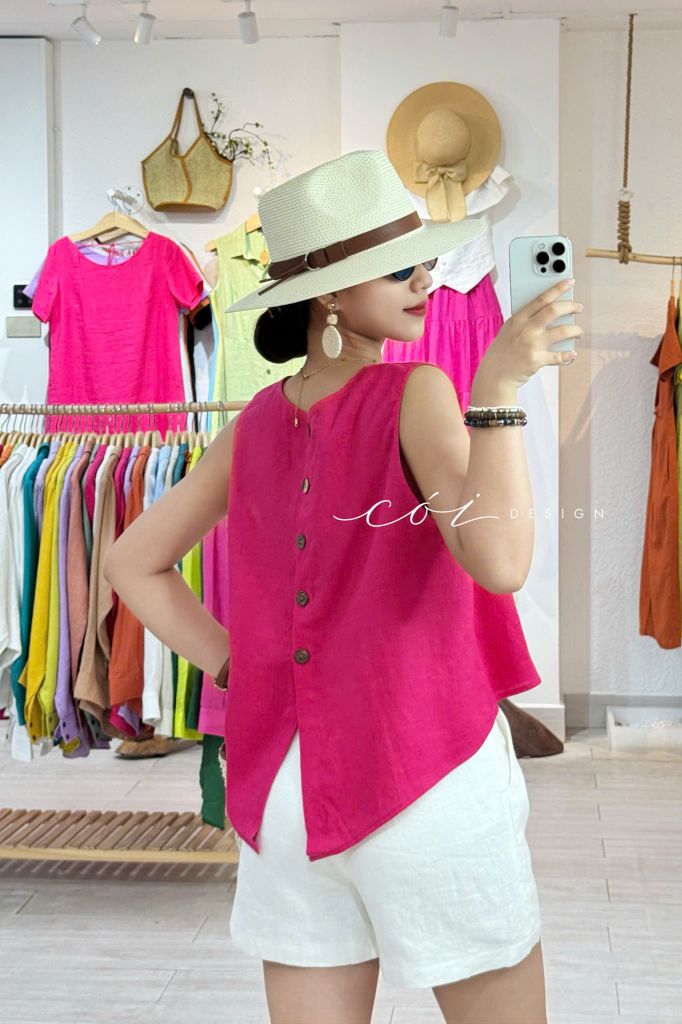 Áo sát nách hàng nút lưng linen tưng premium Cói Design