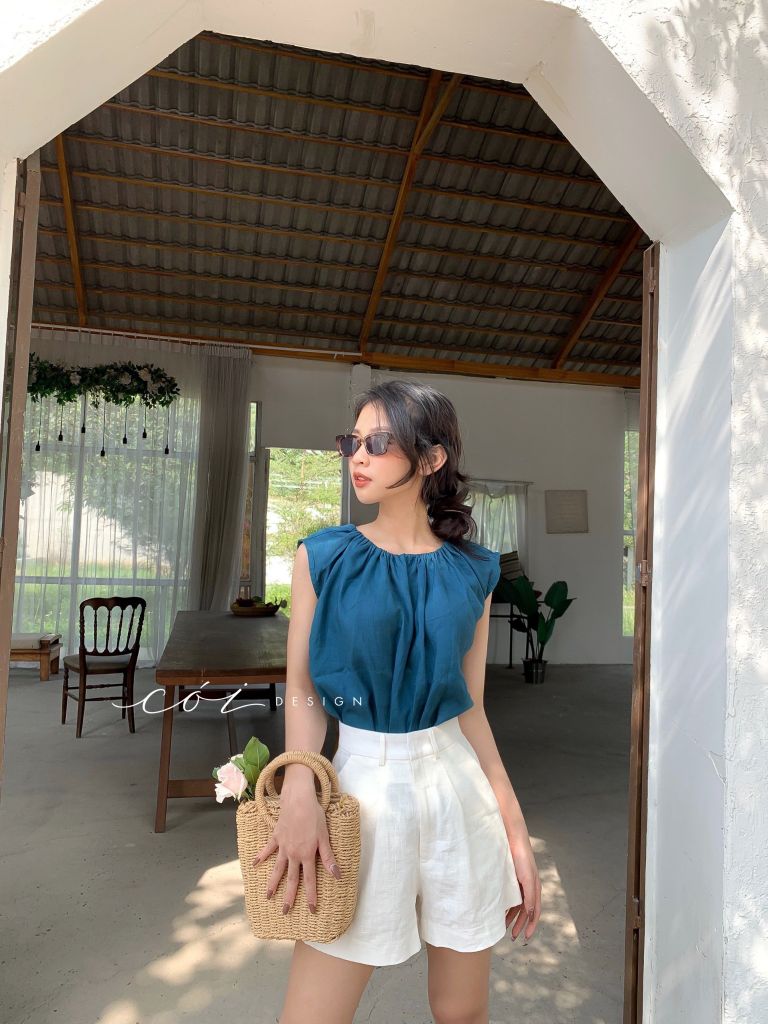 Áo cổ xếp nhún sát nách linen Cói Design