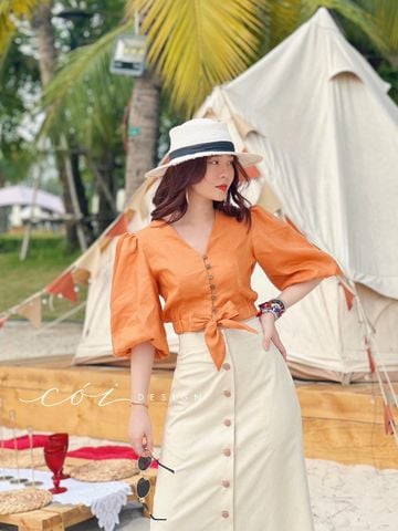 Áo croptop tay bí phối dây linen Cói Design