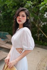 Đầm khoét eo tay phồng Linen tưng premium Cói Design