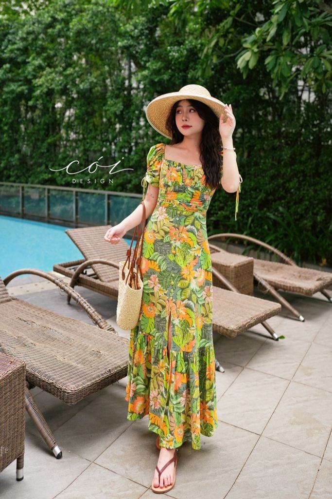 Đầm nhún ngực xẻ tà linen hàn Cói Design