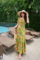 Đầm nhún ngực xẻ tà linen hàn Cói Design