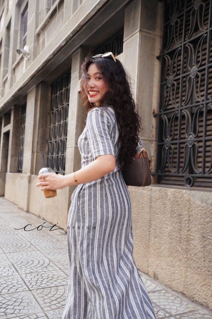 Đầm sơ mi sọc tay ngắn linen Hàn Cói Design