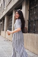 Đầm sơ mi sọc tay ngắn linen Hàn Cói Design