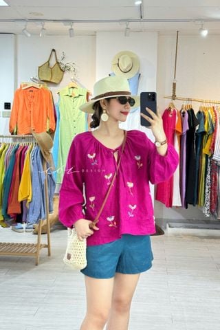 Áo Thêu hoa tay phồng cổ xếp nhún linen tưng premium Cói Design