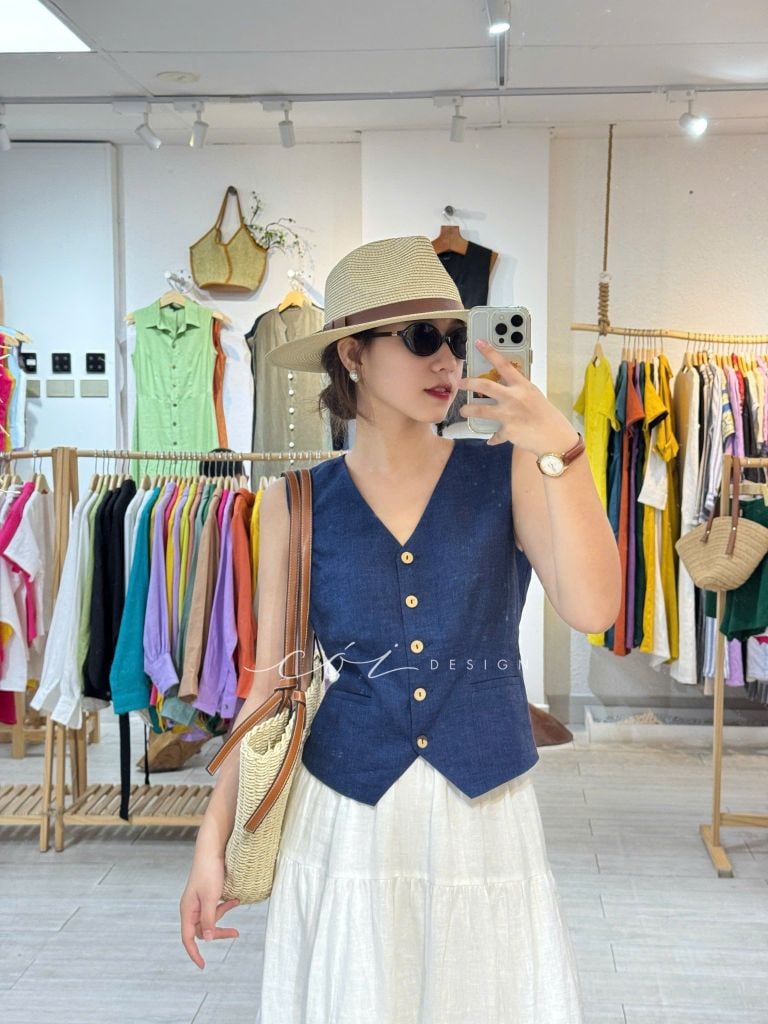 Áo Gile nút dừa Linen tưng Cói Design