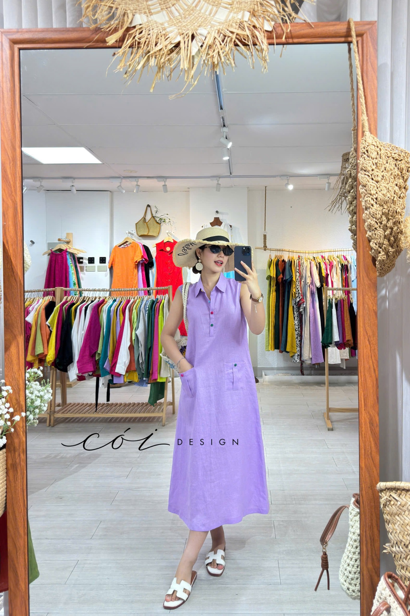 Đầm sát nách nút bọc màu 2 túi linen tưng premium Cói Design