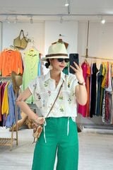Áo Thêu hoa cổ sơ mi phối dây linen tưng premium Cói