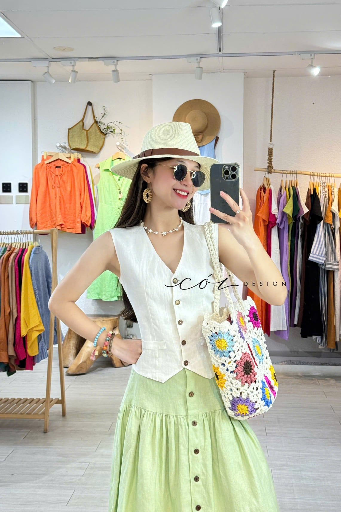 Chân váy nút dừa lưng thun linen tưng premium Cói Design