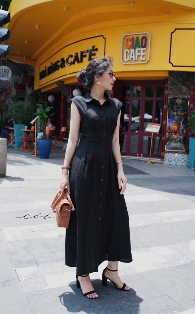 Đầm sơ mi xếp ly eo linen tưng premium Cói Design