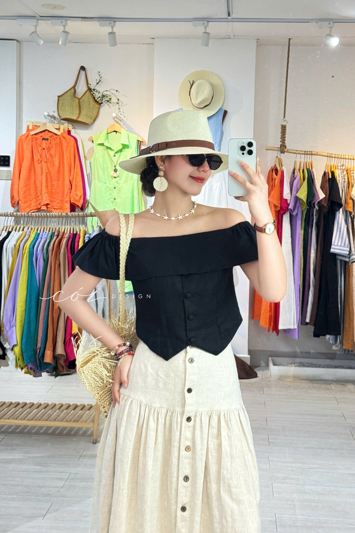 Chân váy nút dừa lưng thun linen tưng premium Cói Design