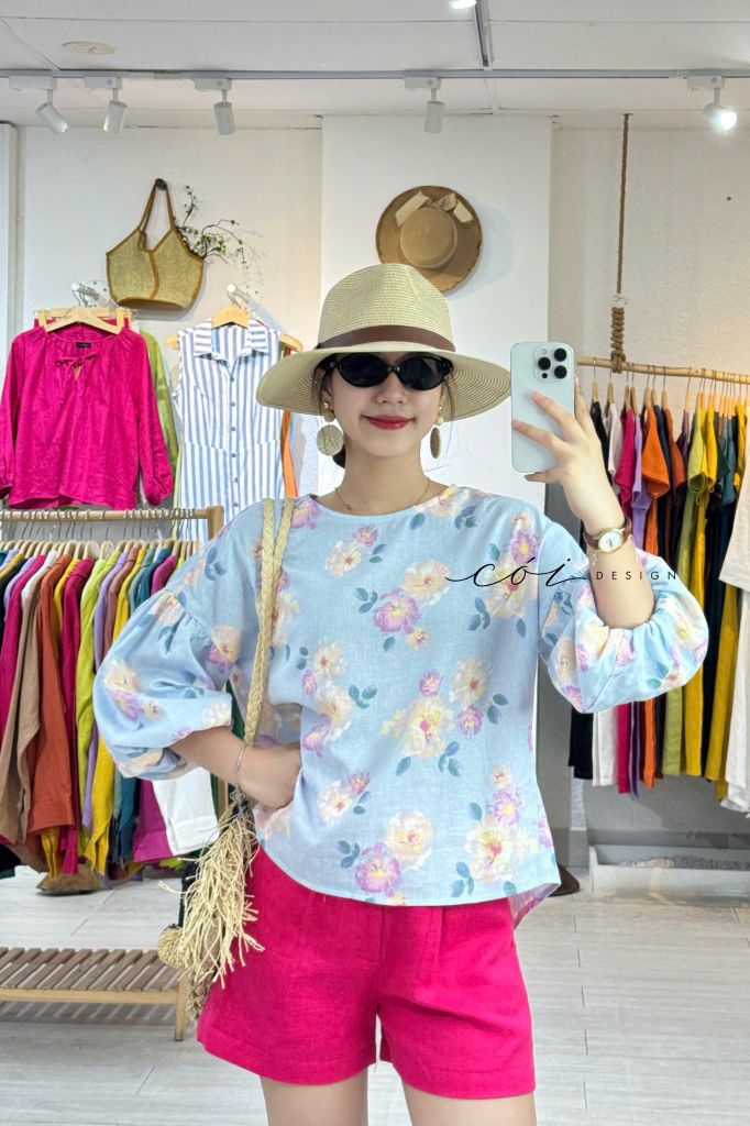 Áo tay phồng nút lưng linen hàn Cói Design