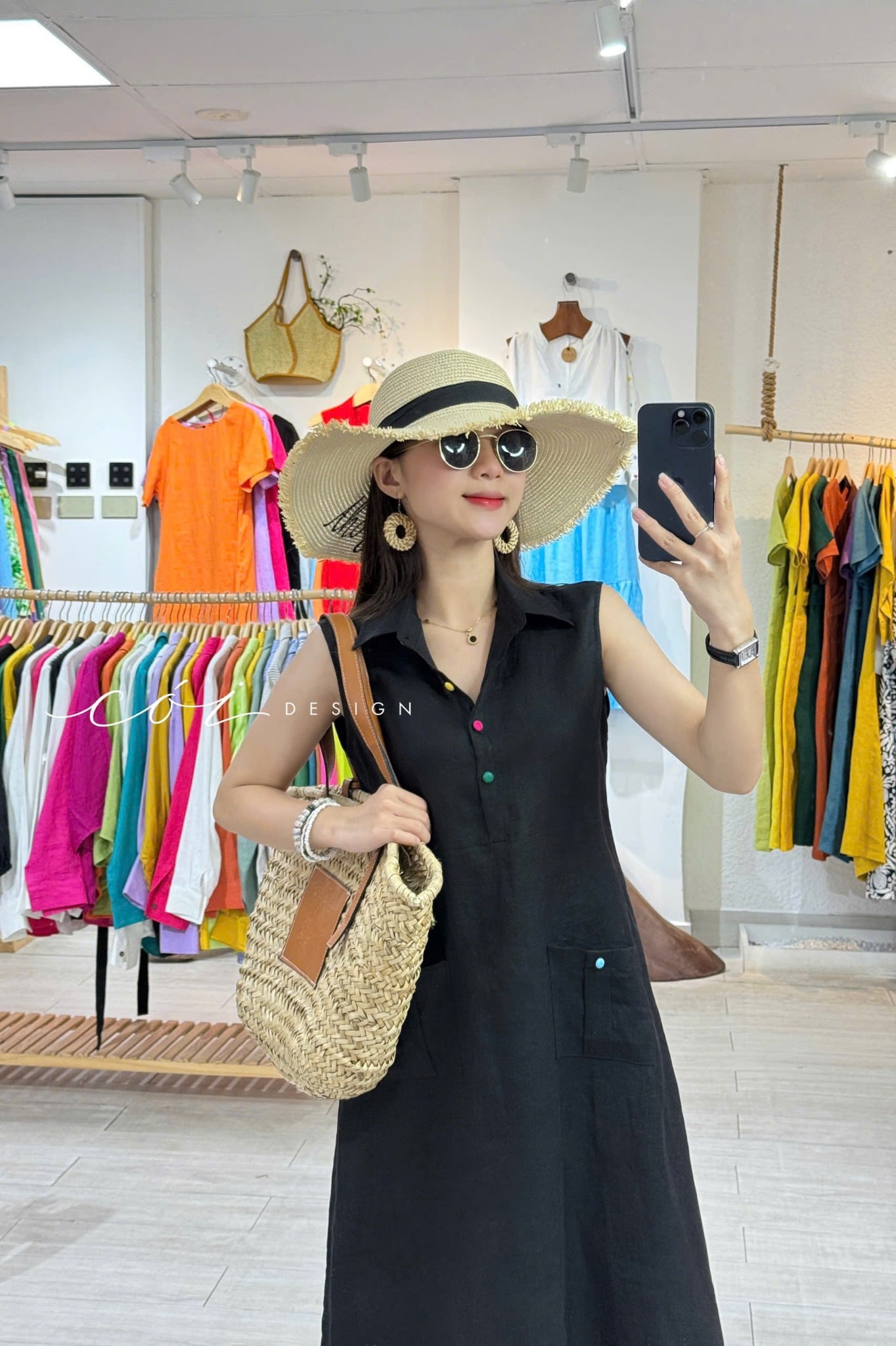 Đầm sát nách nút bọc màu 2 túi linen tưng premium Cói Design