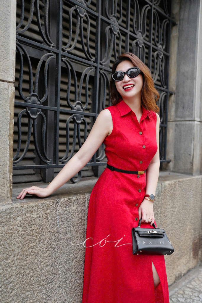 Đầm sát nách cổ sơ mi Linen tưng premium Cói Design