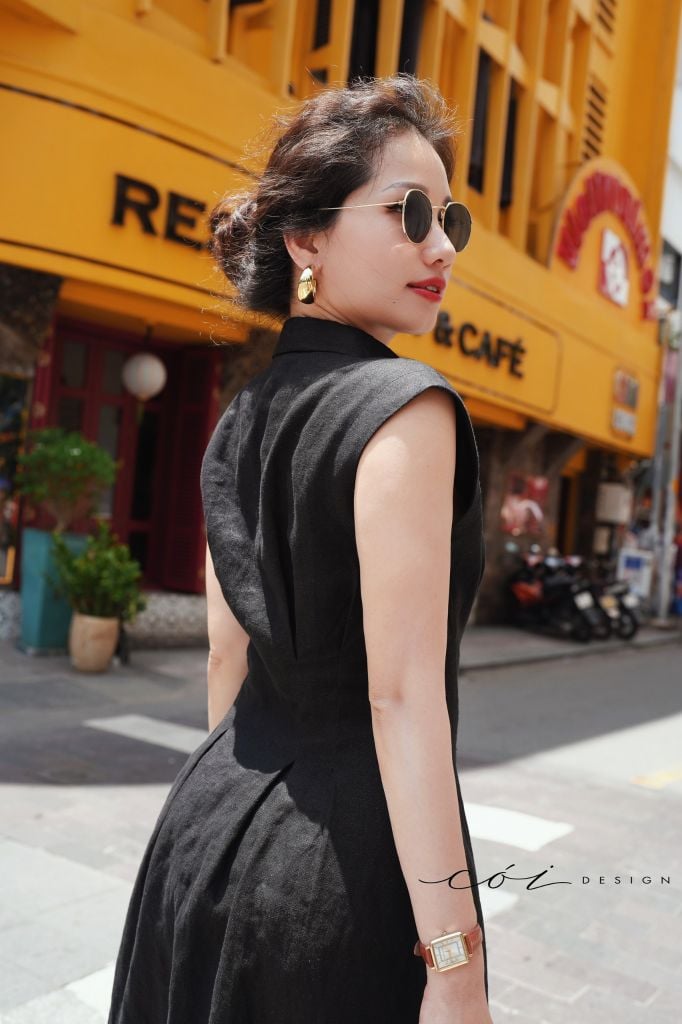 Đầm sơ mi xếp ly eo linen tưng premium Cói Design