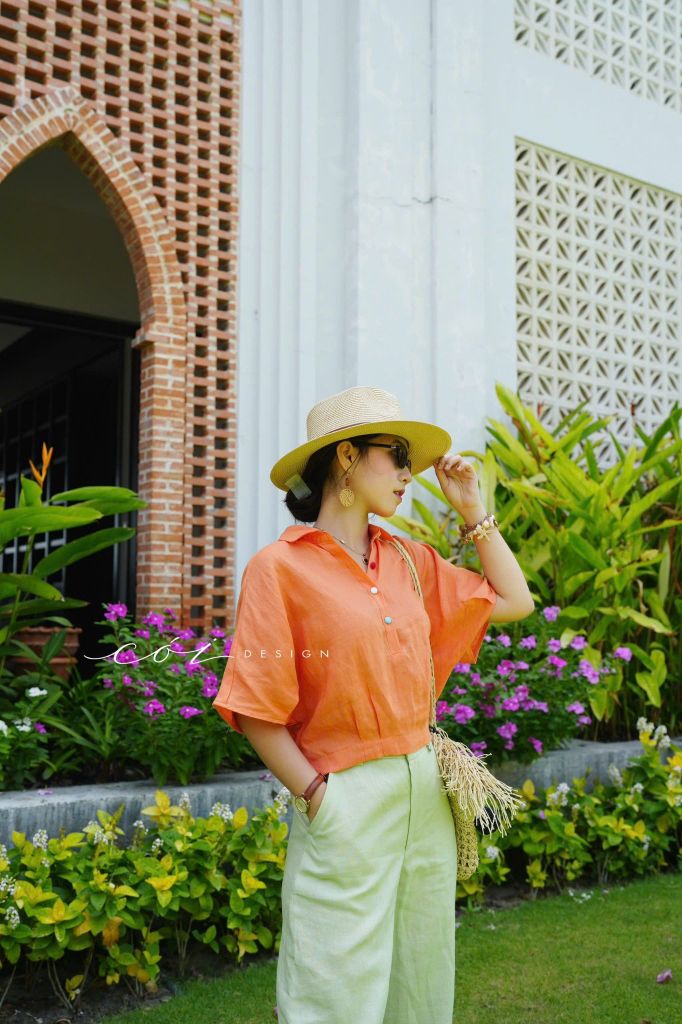 Áo sơ mi nút bọc tay liền Linen tưng premium Cói Design