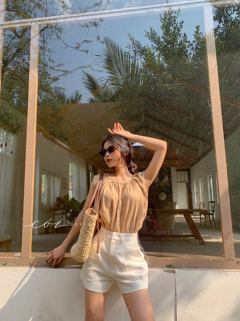 Áo cổ xếp nhún sát nách linen Cói Design