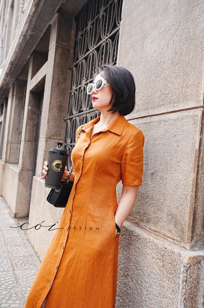 Đầm sơ mi tay ngắn Linen tưng premium Cói Design
