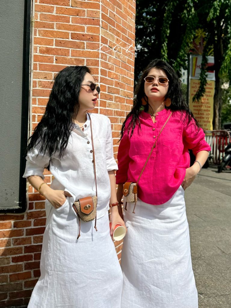 Áo cổ trụ lệch vạt tay dài Linen tưng premium Cói Design
