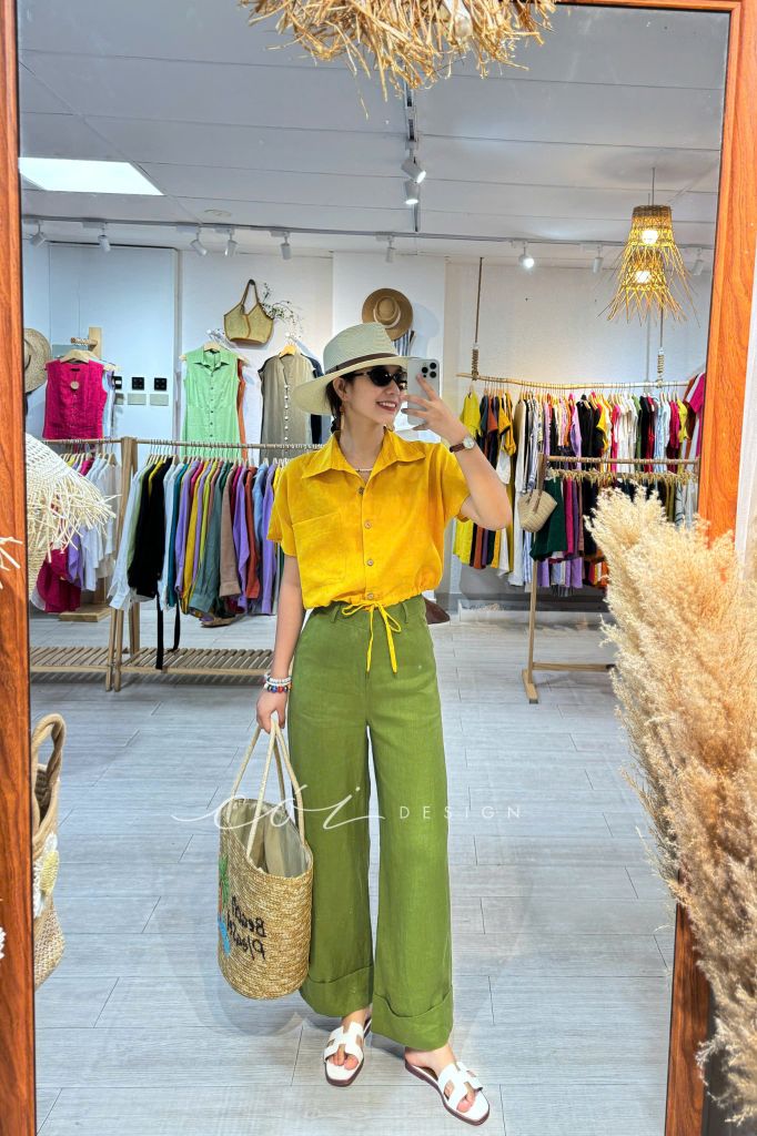 Áo sơ mi croptop rút dây linen tưng Cói Design