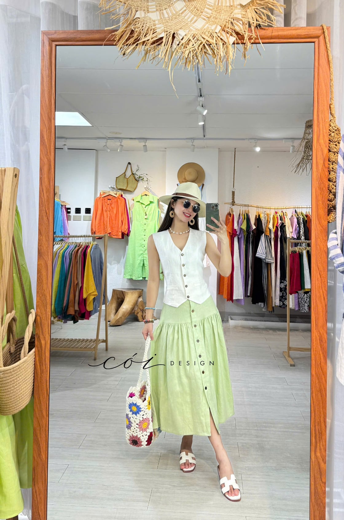 Chân váy nút dừa lưng thun linen tưng premium Cói Design