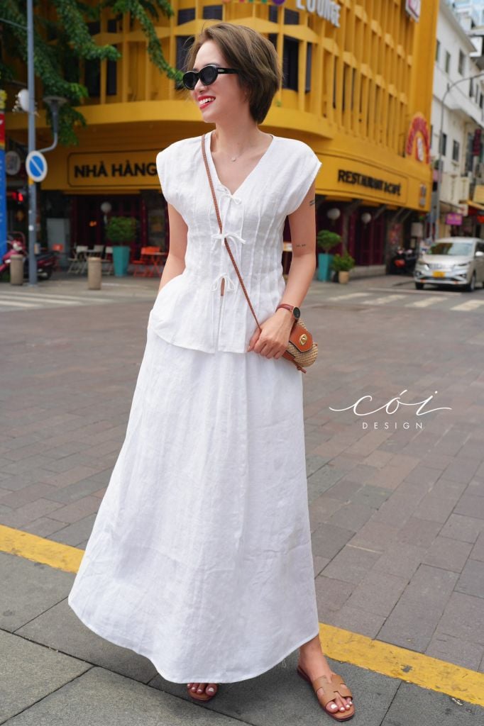 Áo tay hến xếp ly eo linen tưng premium Cói Design